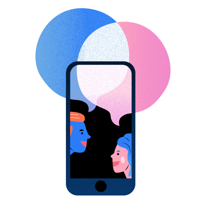 A mobile phone framing people speaking to each other