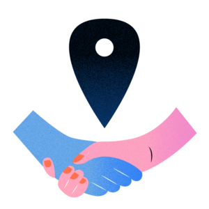 Two hands clasping in a handshake under a location marker