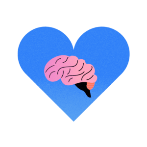 A pink brain in a blue heart shape